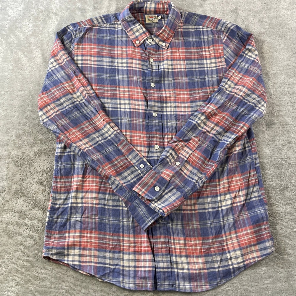 Faherty The All Time Flannel Shirt Mens Large Blue Plaid Button Casual Preppy